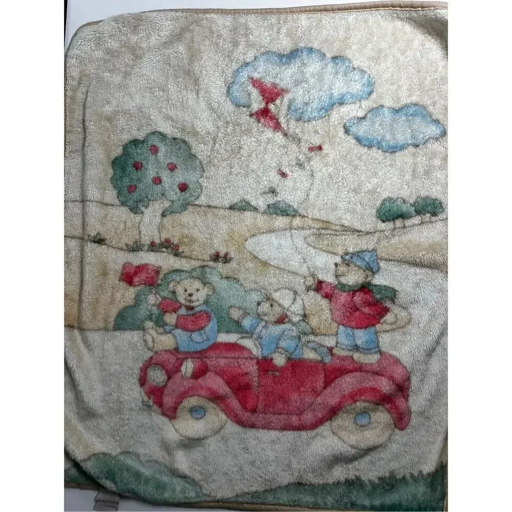 Rare Vintage Baby Fleece Blanket Teddy Bears Family On the Car 36” X 30” *Notes